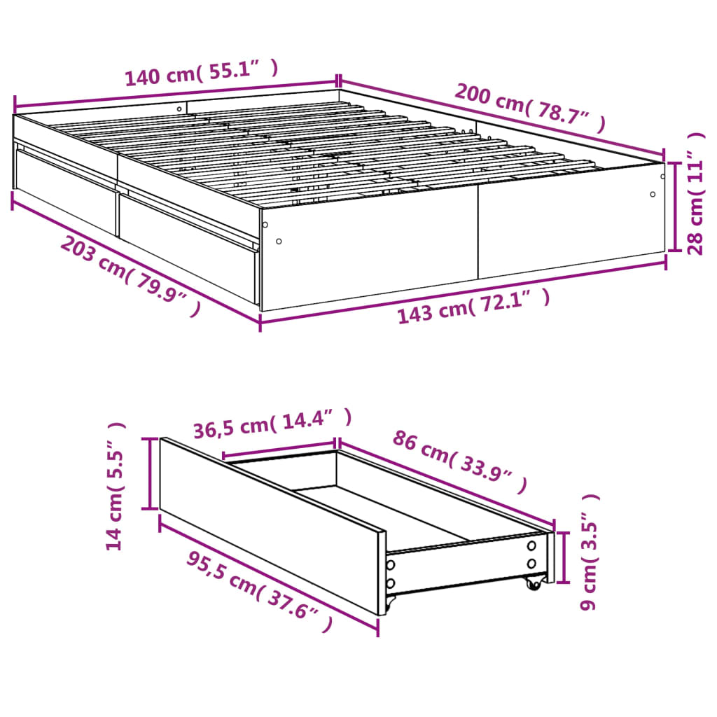 Bettgestell mit Schubladen Sonoma-Eiche 140x200cm Holzwerkstoff