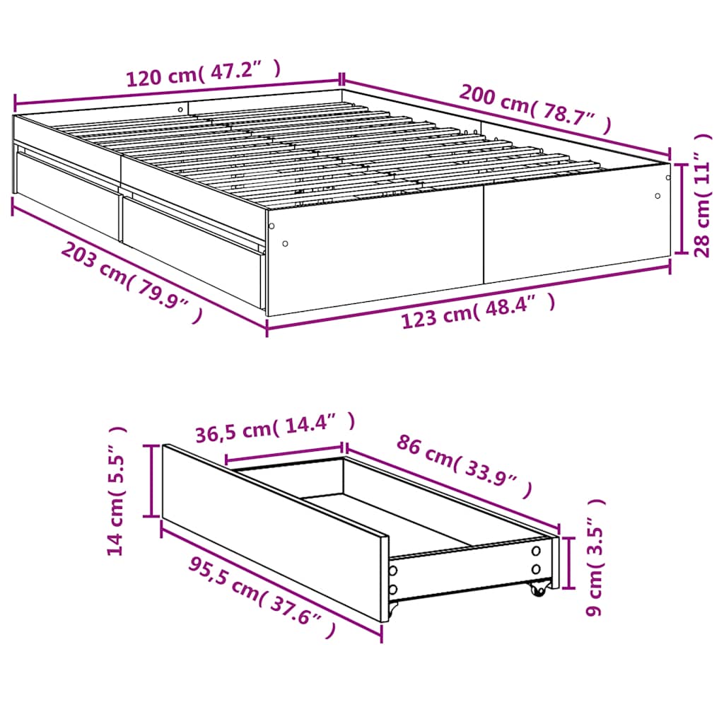 Bettgestell mit Schubladen Sonoma-Eiche 120x200cm Holzwerkstoff