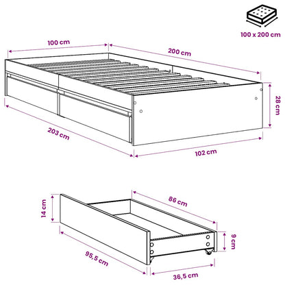 Bettgestell mit Schubladen Grau Sonoma 100x200 cm Holzwerkstoff