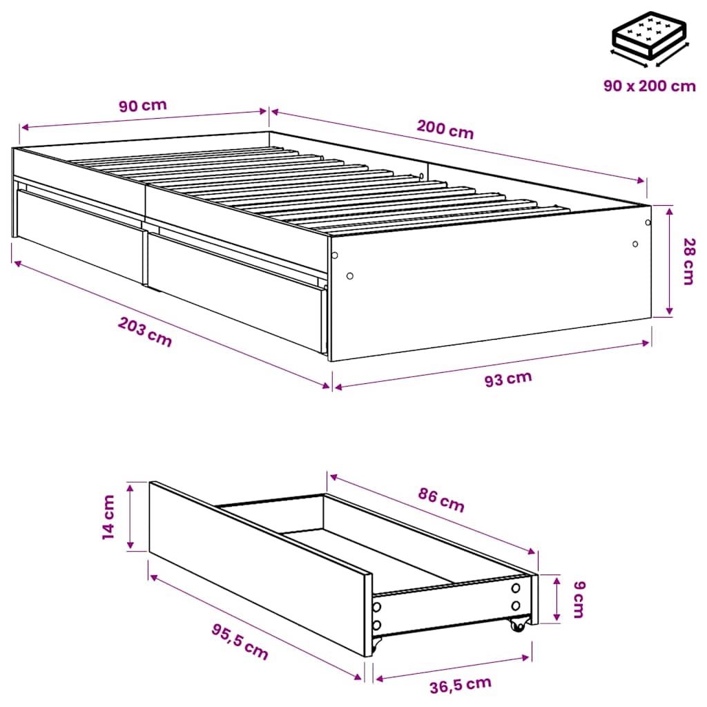 Bettgestell mit Schubladen Sonoma-Eiche 90x200cm Holzwerkstoff