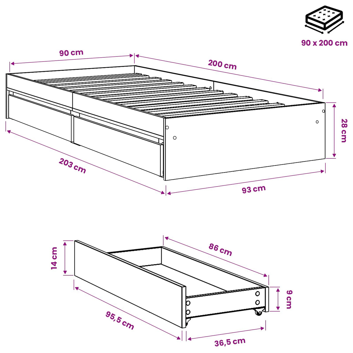 Bettgestell mit Schubladen Sonoma-Eiche 90x200cm Holzwerkstoff