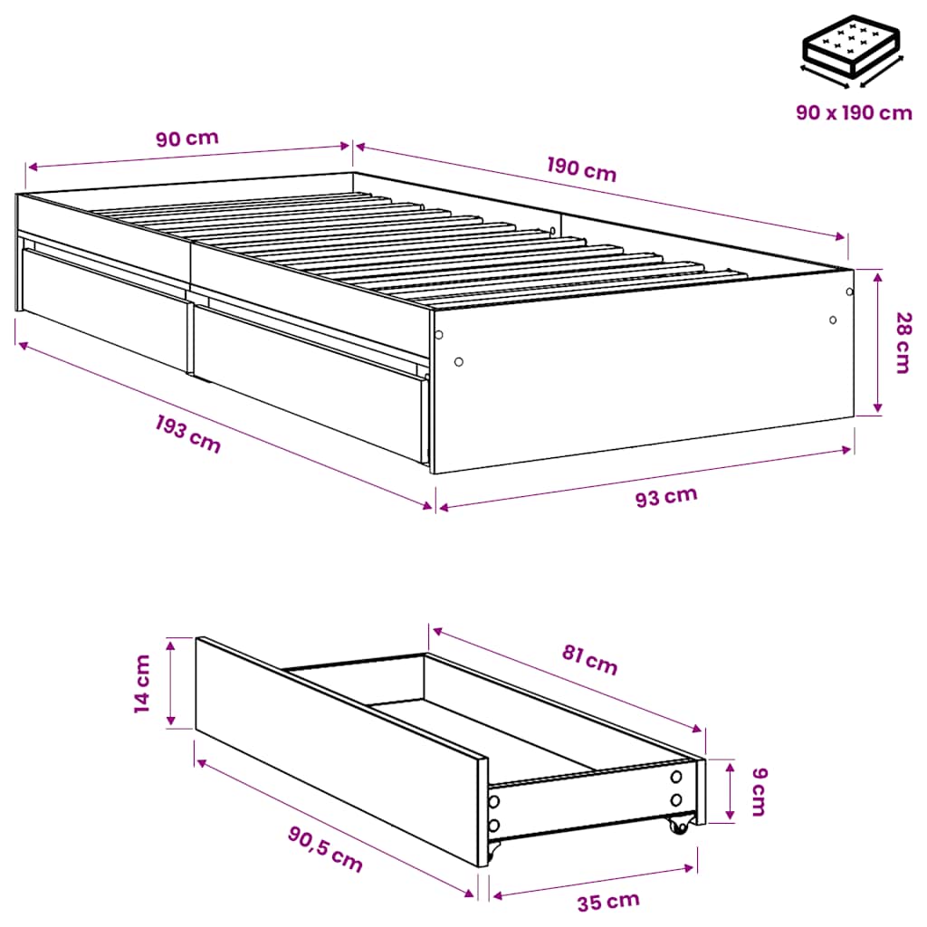 Bettgestell mit Schubladen Sonoma-Eiche 90x190 cm Holzwerkstoff