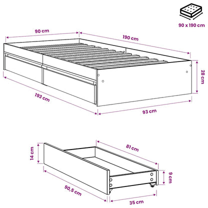 Bettgestell mit Schubladen Grau Sonoma 90x190 cm Holzwerkstoff