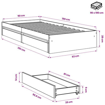 Bettgestell mit Schubladen Grau Sonoma 90x190 cm Holzwerkstoff