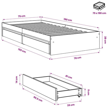 Bettgestell mit Schubladen Schwarz 75x190 cm Holzwerkstoff
