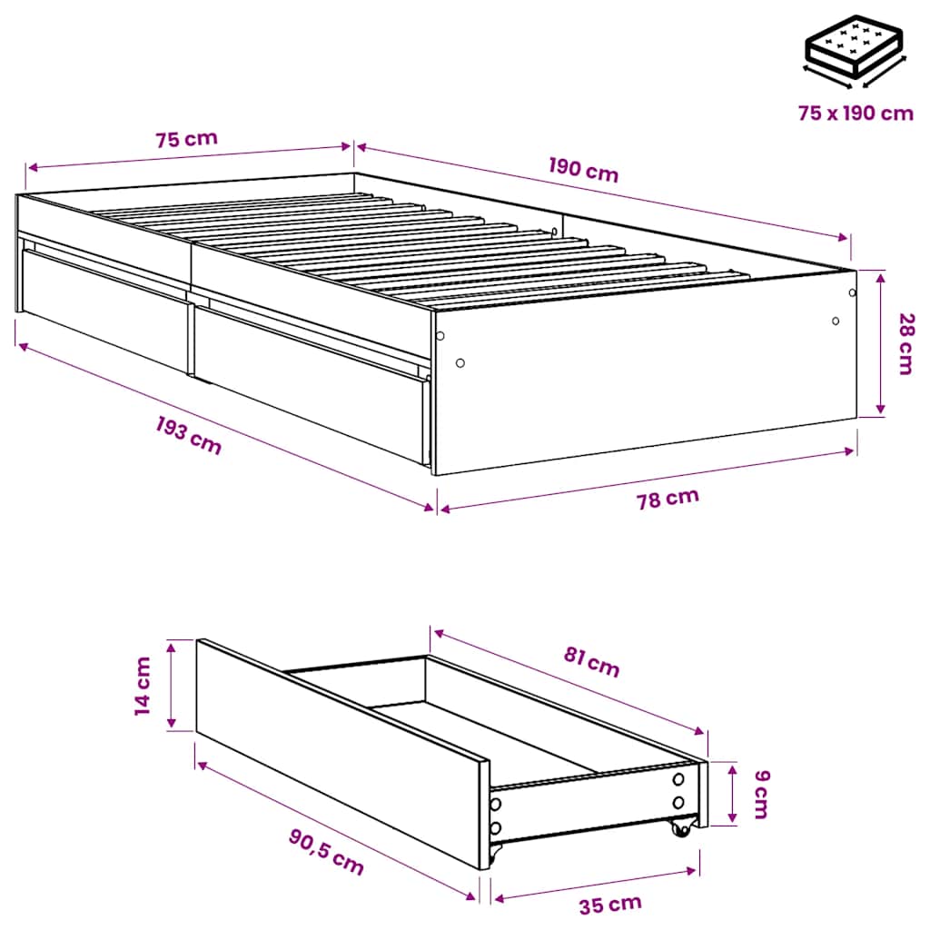 Bettgestell mit Schubladen Sonoma-Eiche 75x190 cm Holzwerkstoff