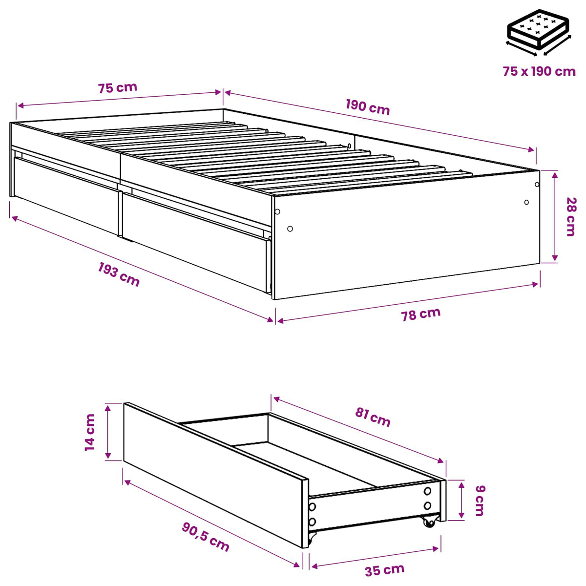 Bettgestell mit Schubladen Sonoma-Eiche 75x190 cm Holzwerkstoff