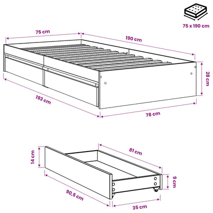 Bettgestell mit Schubladen Sonoma-Eiche 75x190 cm Holzwerkstoff