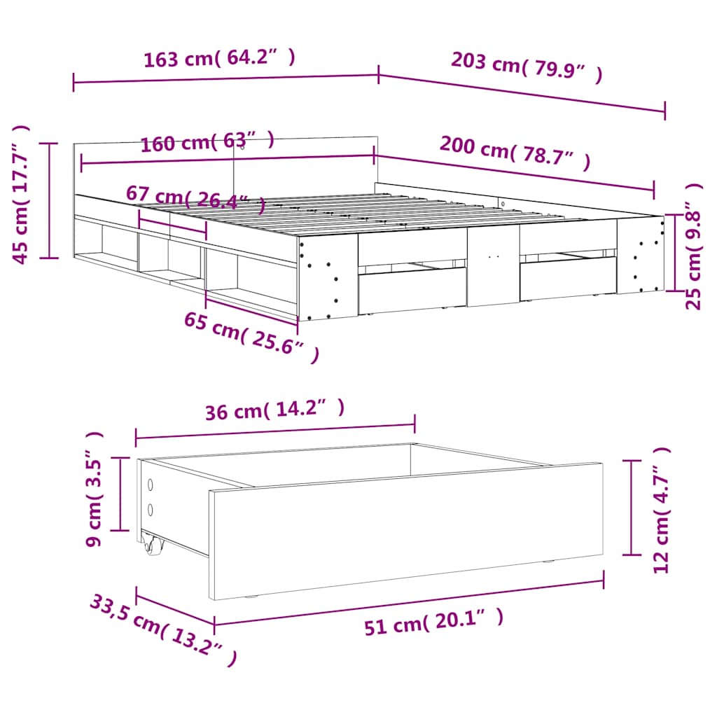 Bettgestell mit Schubladen Betongrau 160x200 cm Holzwerkstoff