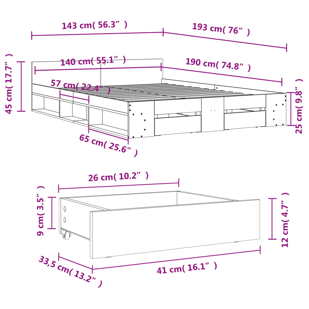 Bettgestell mit Schubladen Sonoma-Eiche 140x190cm Holzwerkstoff