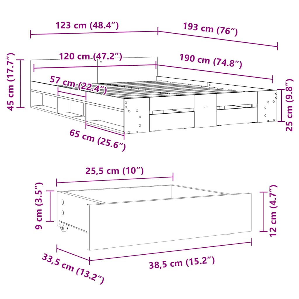 Bettgestell mit Schubladen Grau Sonoma 120x190 cm Holzwerkstoff