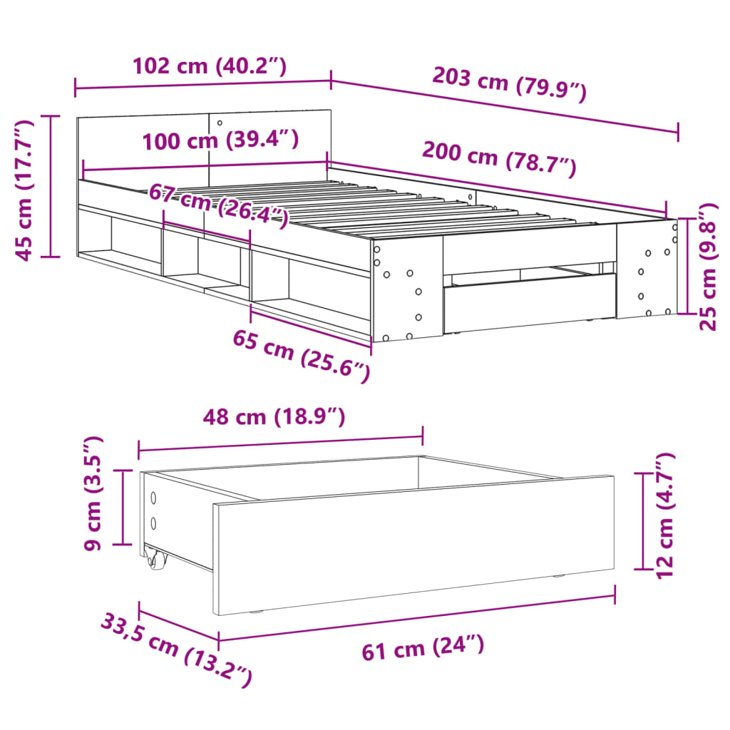Bettgestell mit Schublade Räuchereiche 100x200 cm Holzwerkstoff