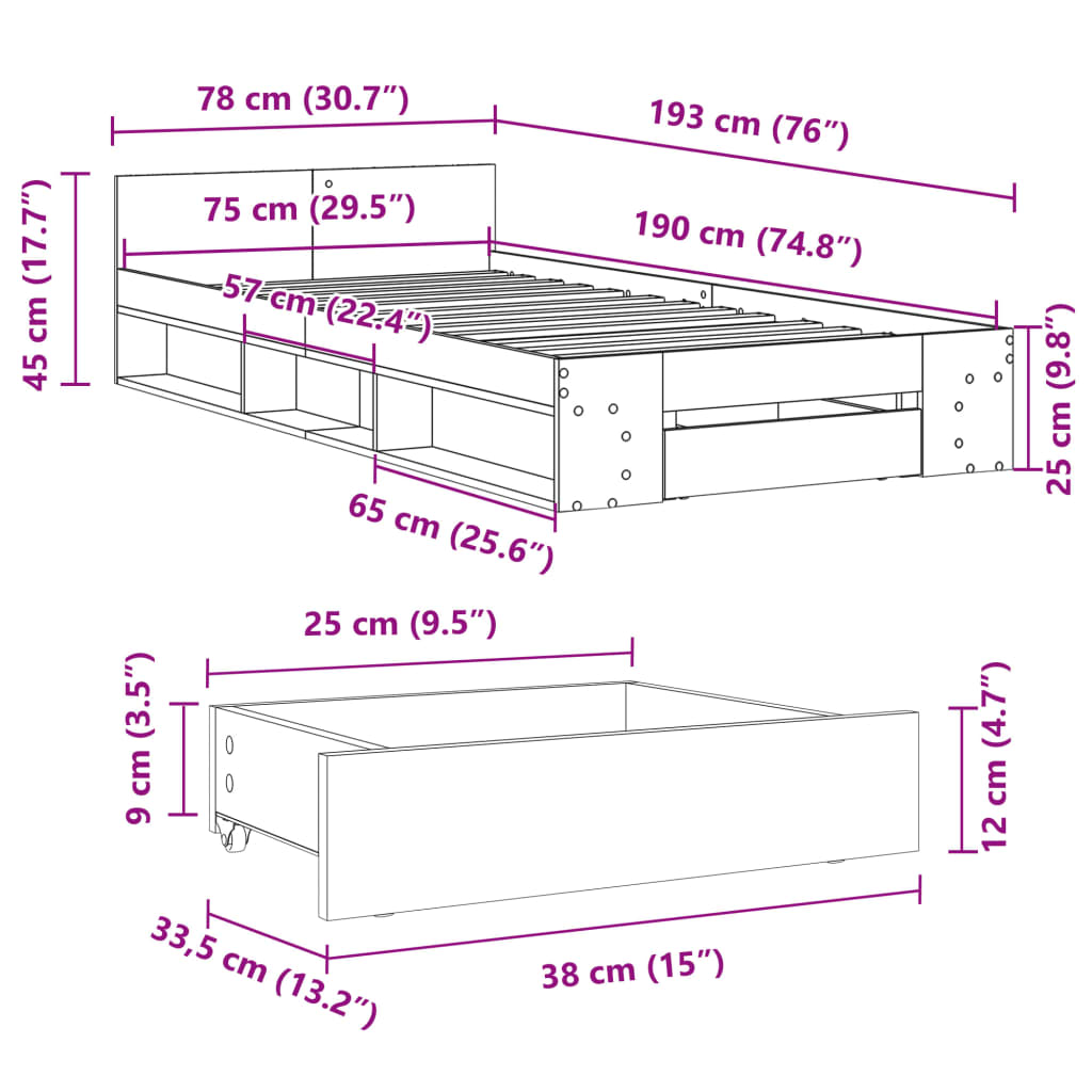 Bettgestell mit Schublade Schwarz 75x190 cm Holzwerkstoff