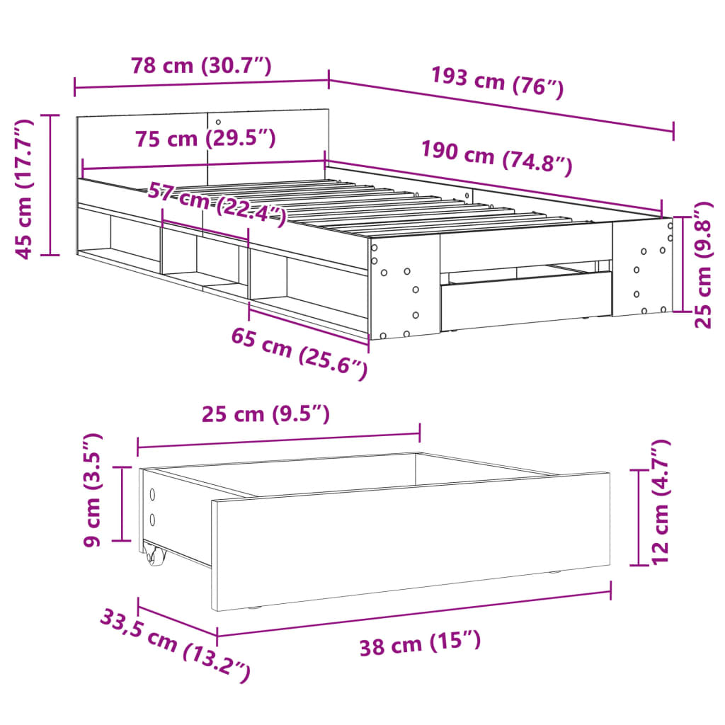 Bettgestell mit Schublade Sonoma-Eiche 75x190 cm Holzwerkstoff