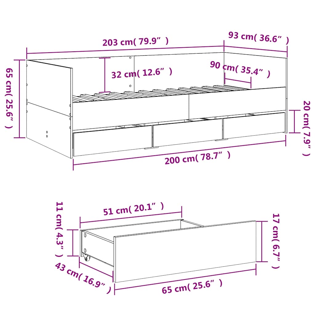 Tagesbett mit Schubladen ohne Matratze Weiß 90x200 cm