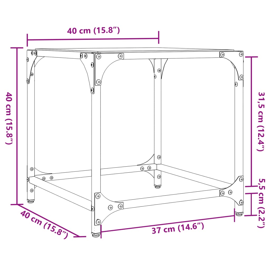 Table basse avec plateau en verre transparent 40x40x40 cm en acier