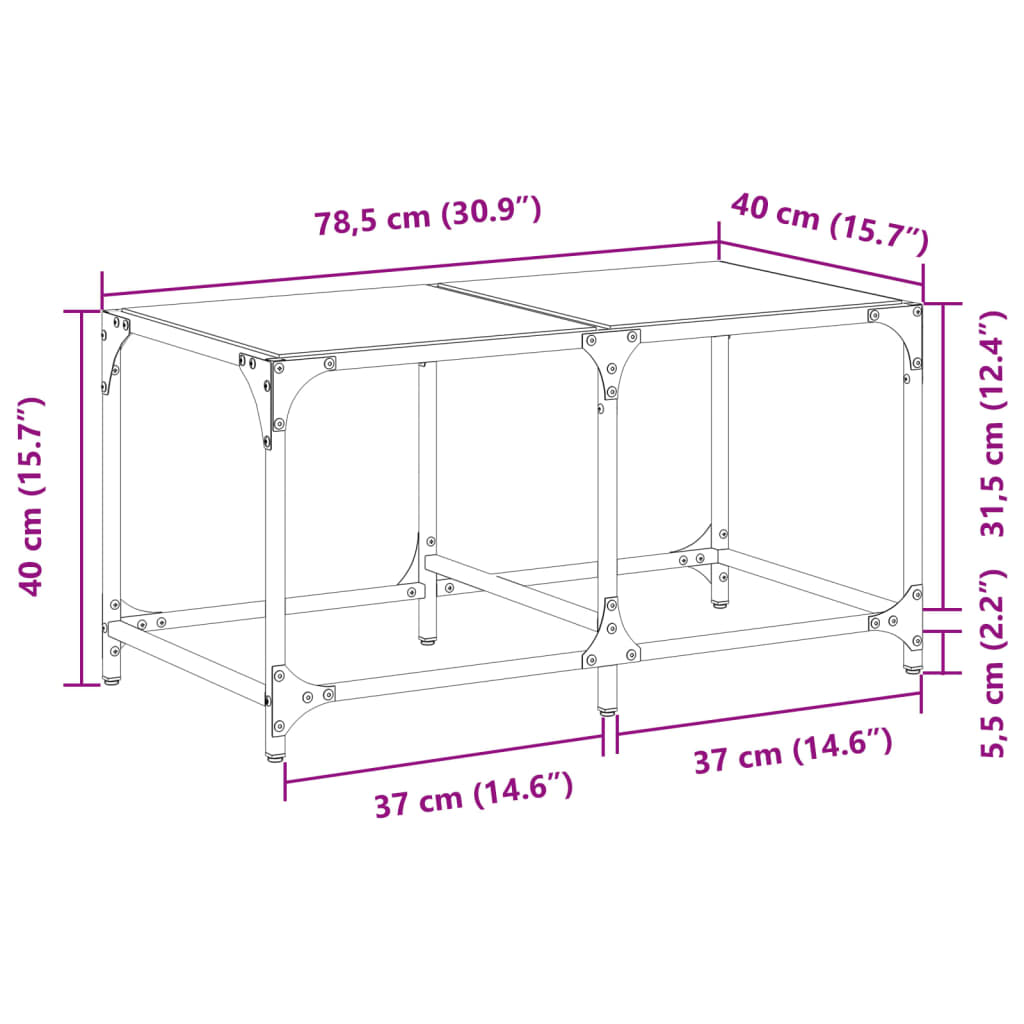 Table basse avec plateau en verre transparent 78,5x40x40 cm en acier
