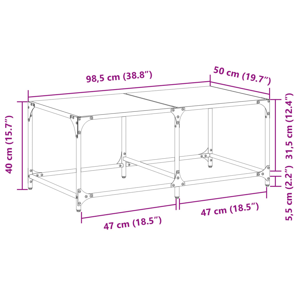 Table basse avec plateau en verre transparent 98,5x50x40 cm en acier