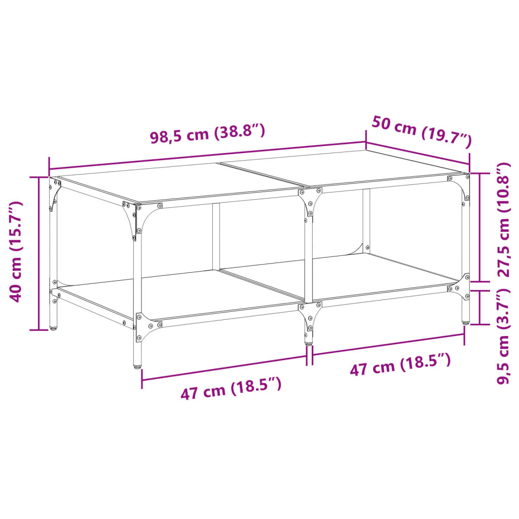 Table basse avec plateau en verre transparent 98,5x50x40 cm en acier