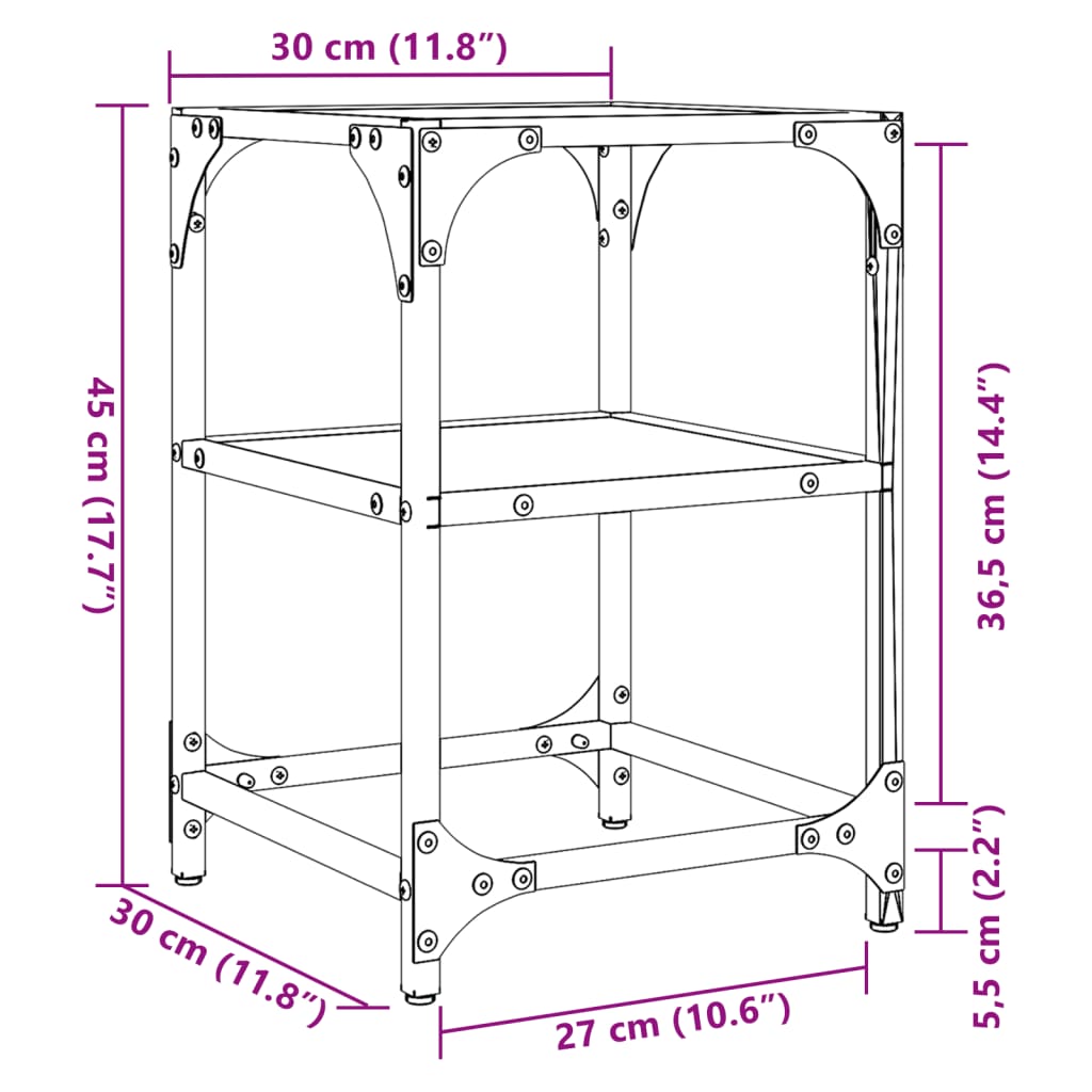 Table basse avec plateau en verre transparent 30x30x45 cm en acier
