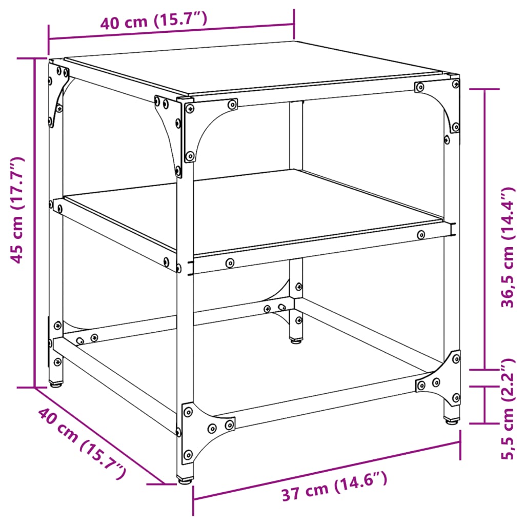 Table basse avec plateau en verre transparent 40x40x45 cm en acier