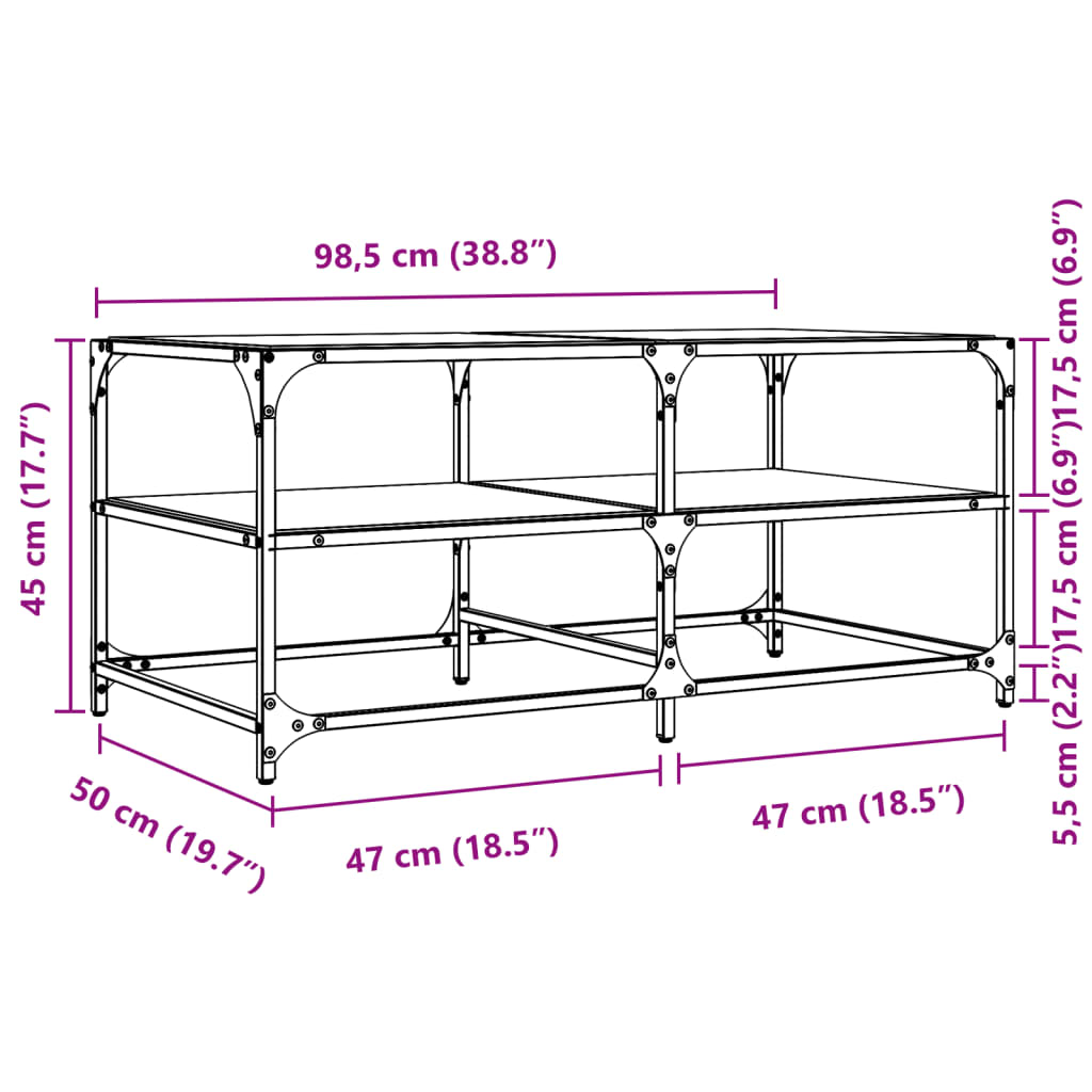Table basse avec plateau en verre transparent 98,5x50x45 cm en acier