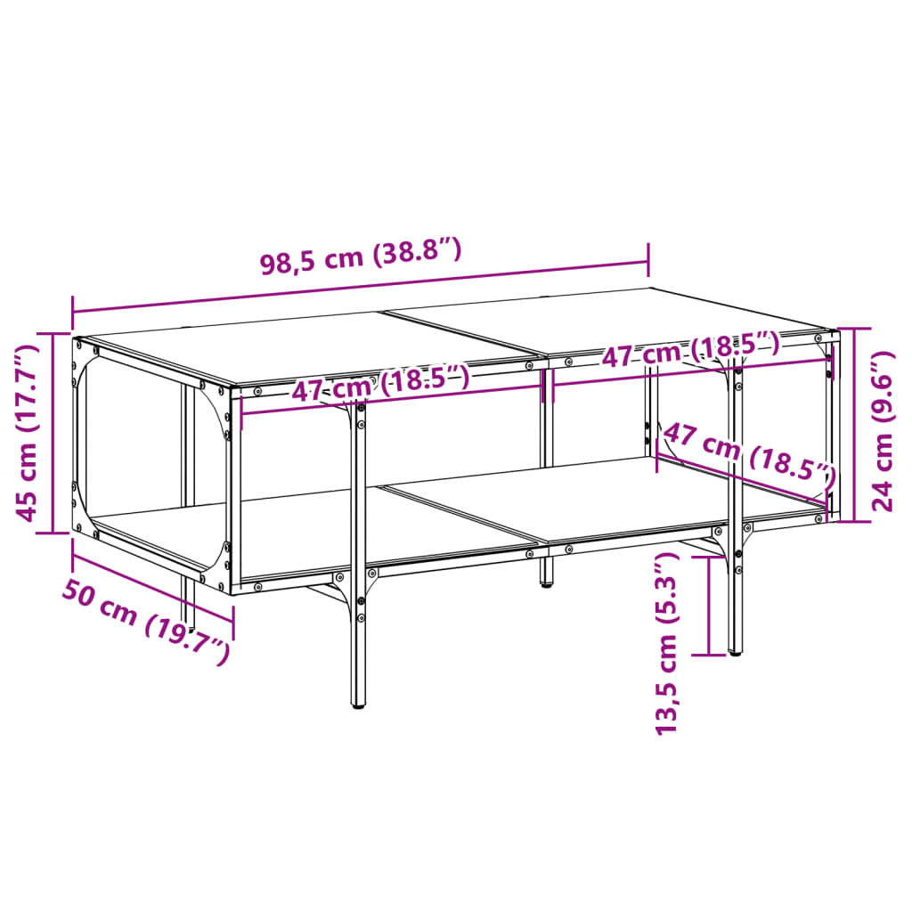 Table basse avec plateau en verre transparent 98,5x50x45 cm en acier