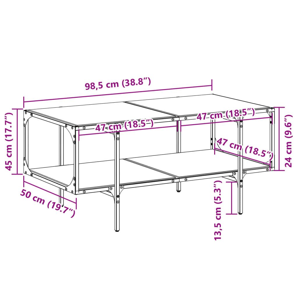 Table basse avec plateau en verre noir 98,5x50x45 cm acier