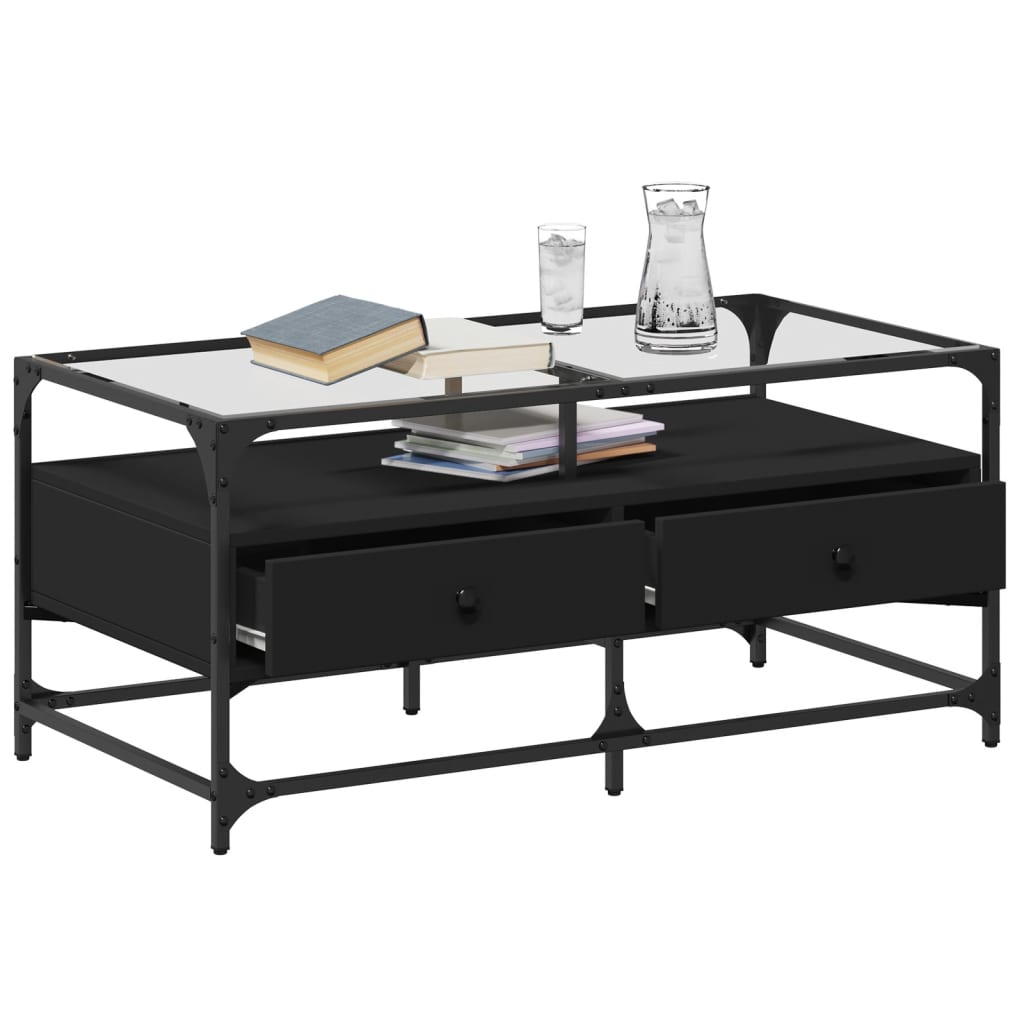 Table basse avec plateau en verre noir 98,5x50x45 cm acier