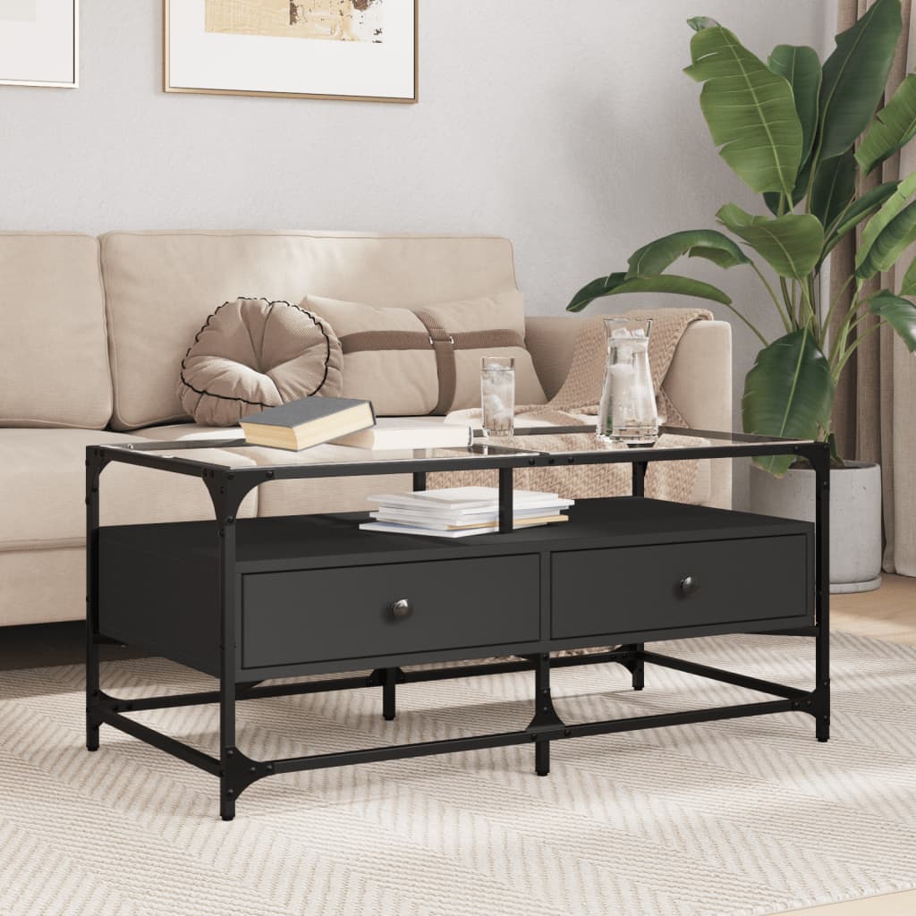 Table basse avec plateau en verre noir 98,5x50x45 cm acier