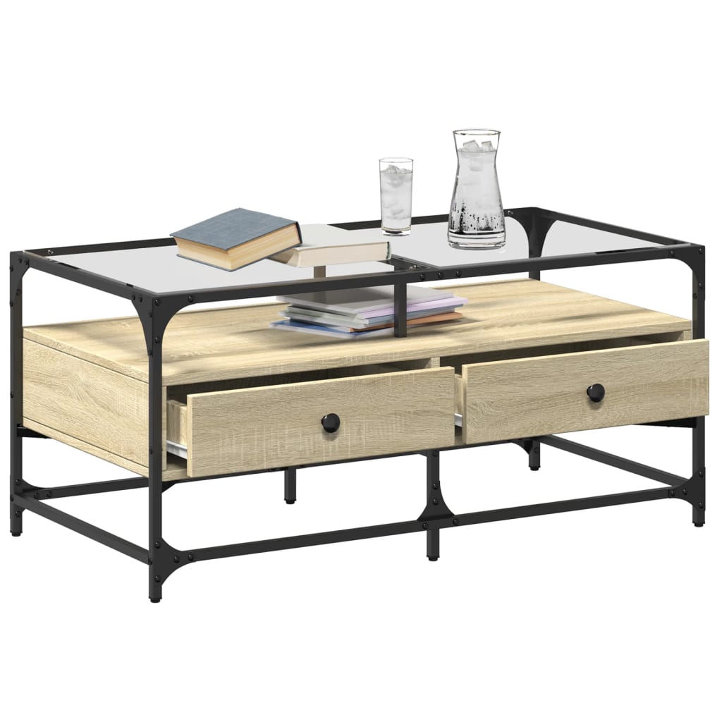 Table basse avec plateau en verre Chêne Sonoma 98,5x50x45 cm acier