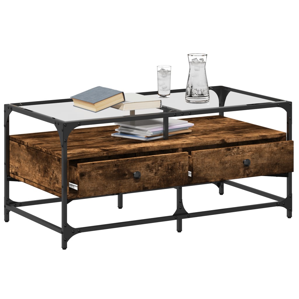 Table basse avec plateau en verre chêne fumé 98,5x50x45 cm acier