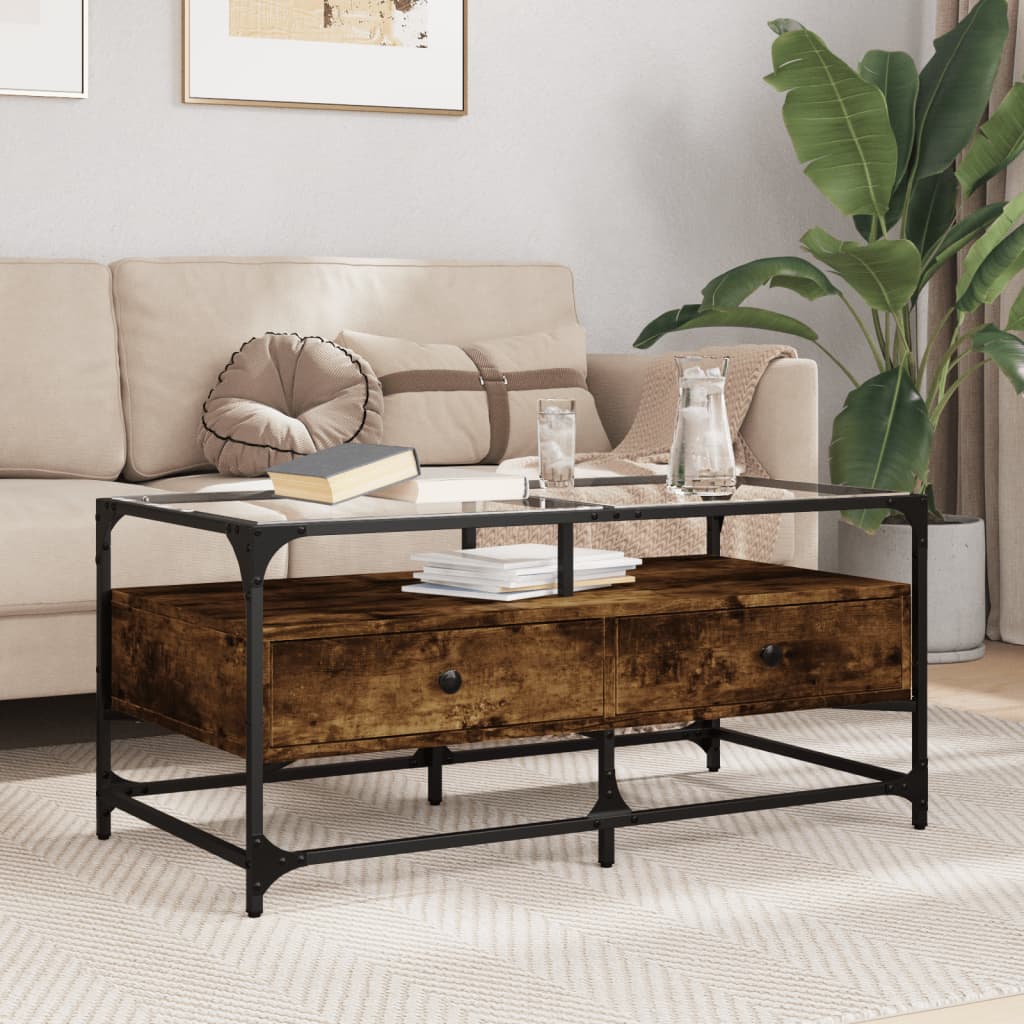 Table basse avec plateau en verre chêne fumé 98,5x50x45 cm acier