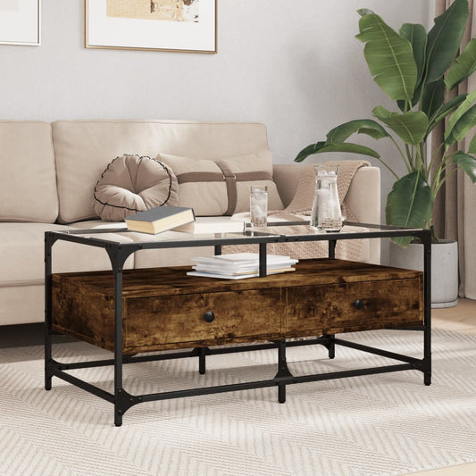 Table basse avec plateau en verre chêne fumé 98,5x50x45 cm acier
