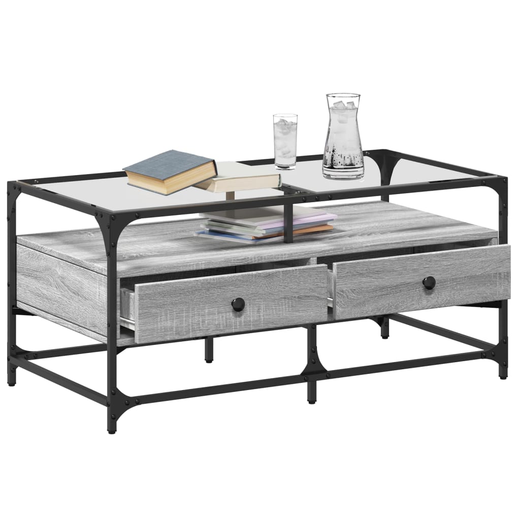 Table basse avec plateau en verre Gris Sonoma 98,5x50x45 cm acier