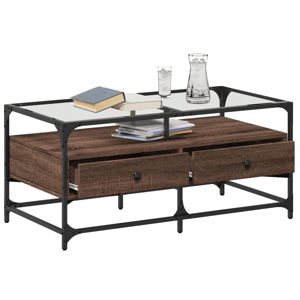 Table basse avec plateau en verre aspect chêne marron 98,5x50x45cm acier