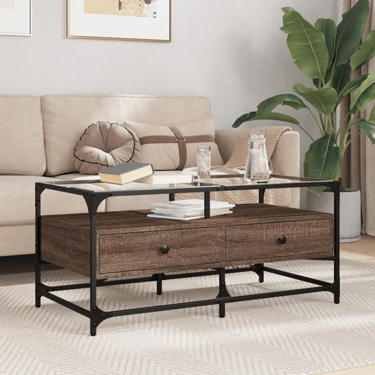 Table basse avec plateau en verre aspect chêne marron 98,5x50x45cm acier