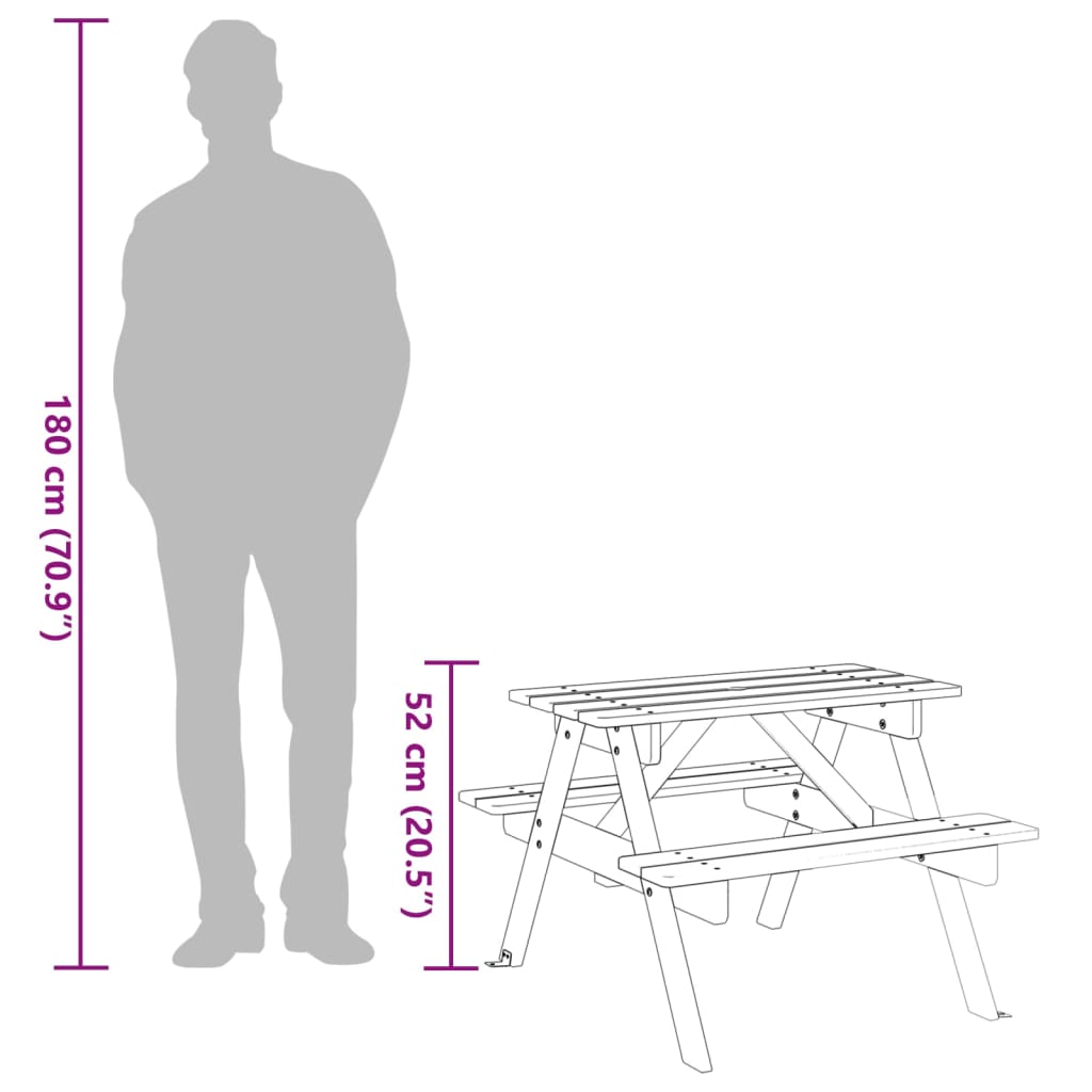 Table de pique-nique pour 4 enfants avec trou pour parasol en bois de sapin massif