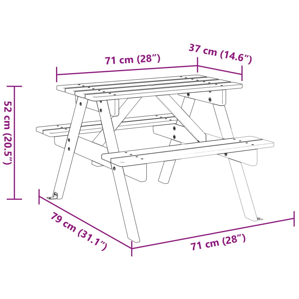 Table de pique-nique pour 4 enfants avec trou pour parasol en bois de sapin massif