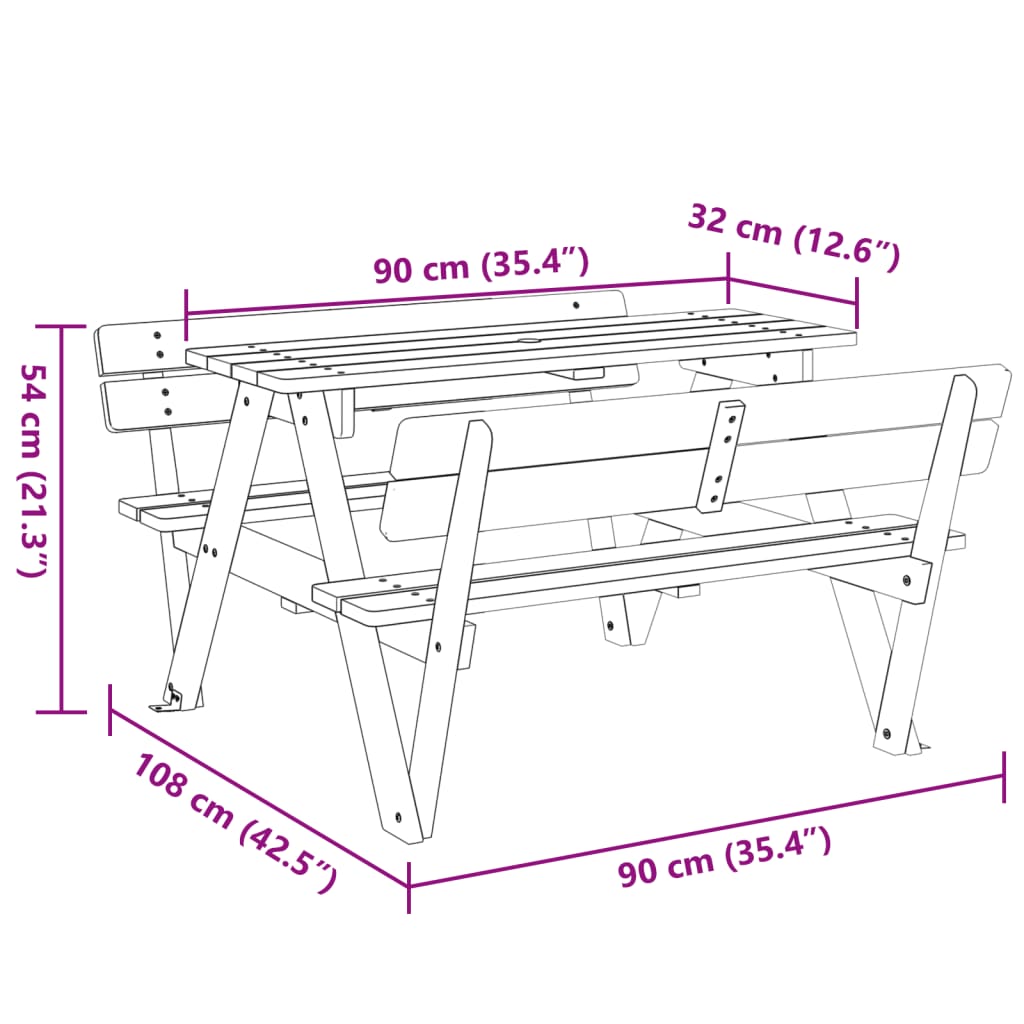 Table de pique-nique pour 4 enfants avec trou pour parasol en bois de sapin massif