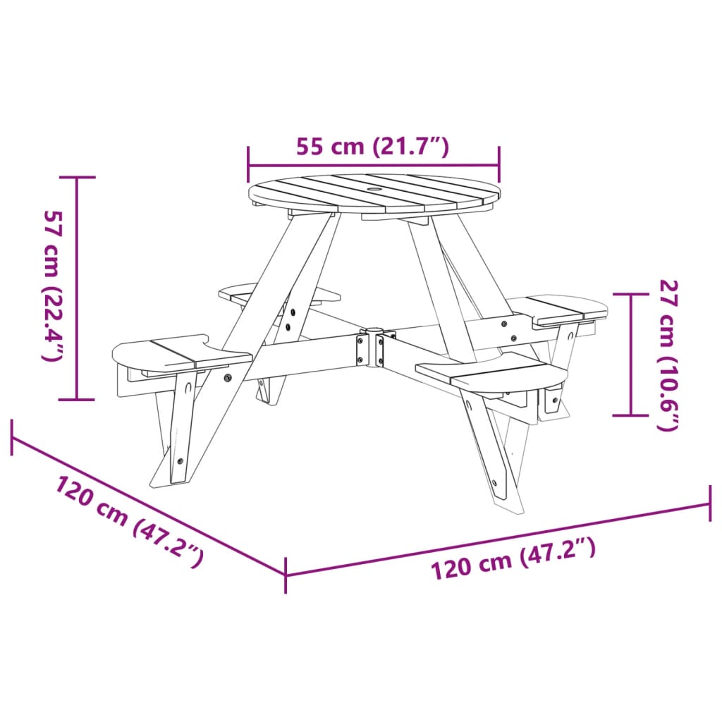 Table de pique-nique pour 4 enfants avec trou pour parasol, ronde en bois de sapin massif