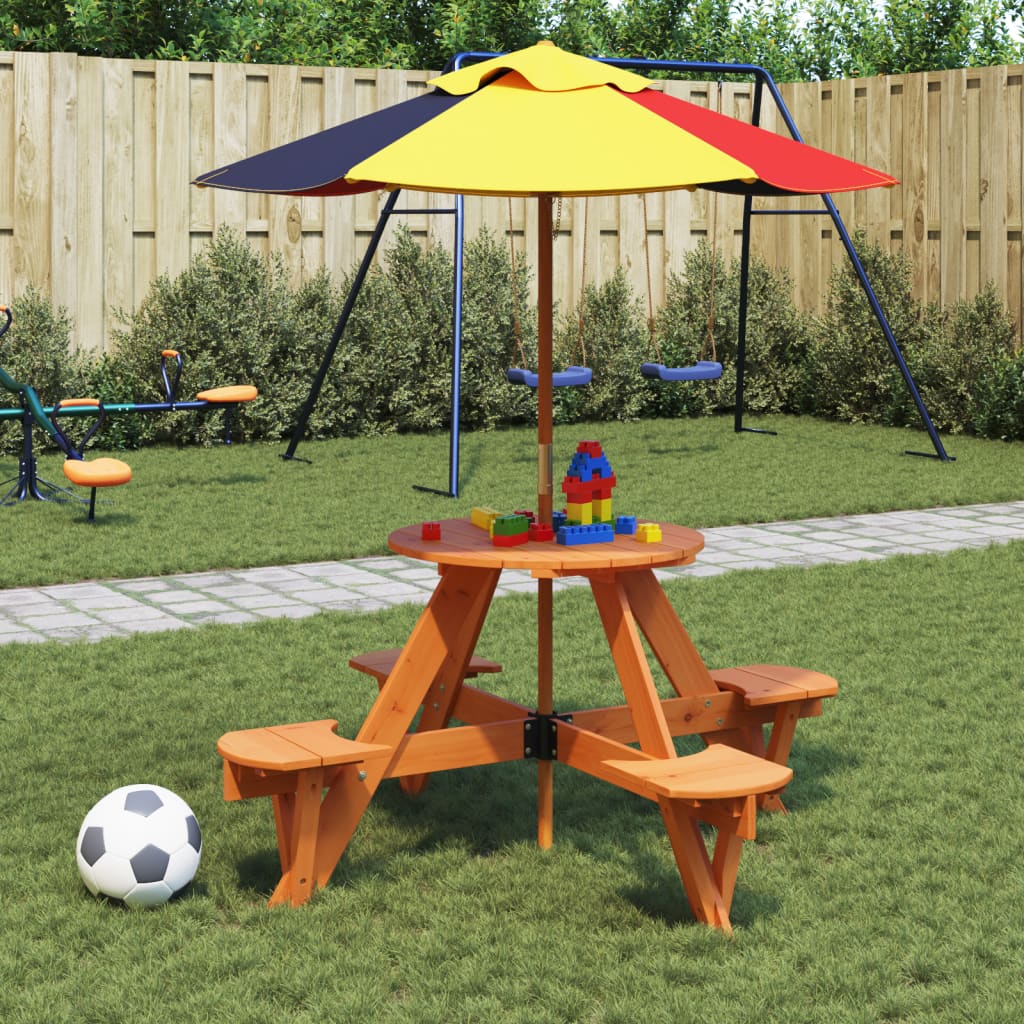 Table de pique-nique pour 4 enfants avec trou pour parasol, ronde en bois de sapin massif