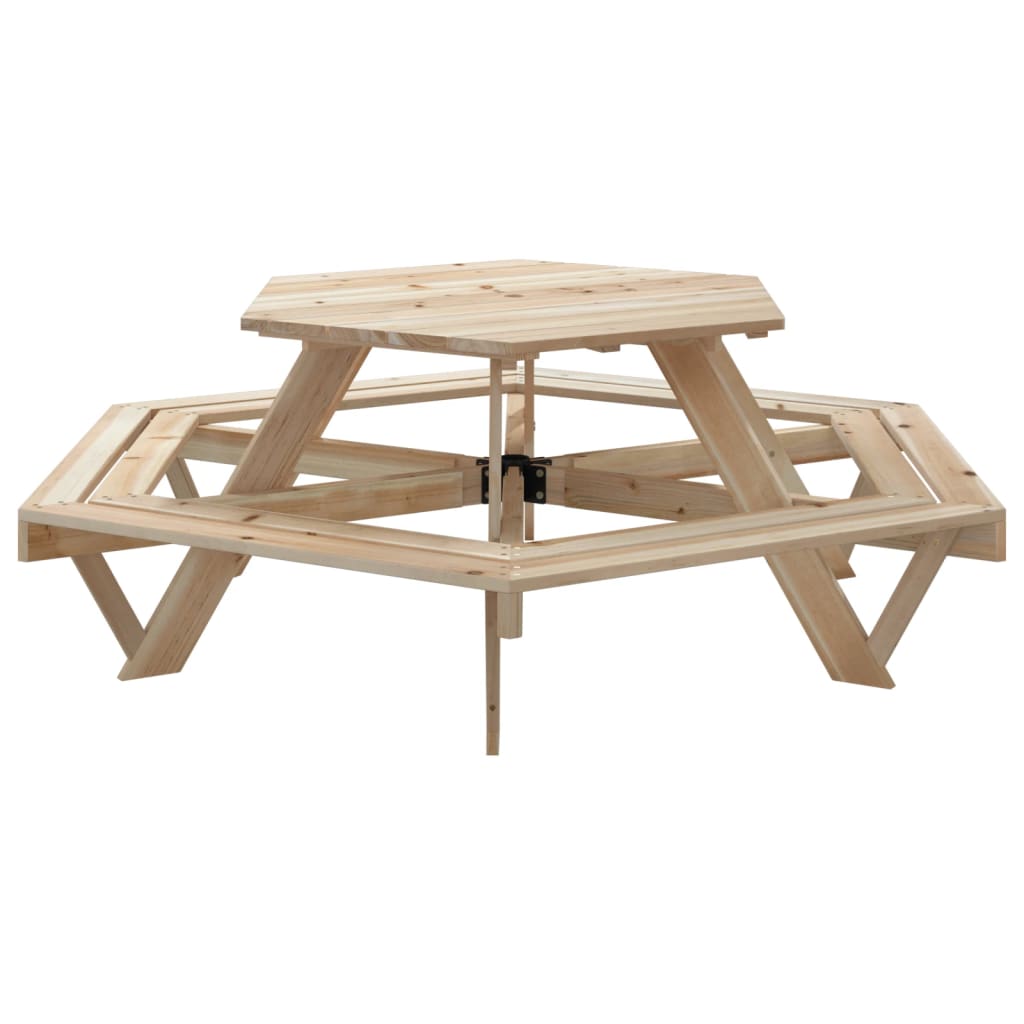 Table de pique-nique avec bancs pour 6 enfants en bois de sapin hexagonal