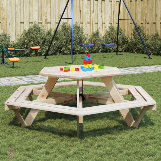 Table de pique-nique avec bancs pour 6 enfants en bois de sapin hexagonal