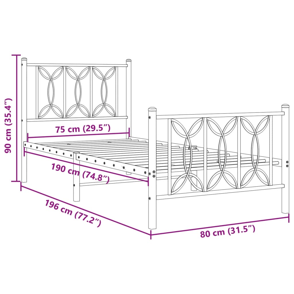 Bed frame with head and footboard metal black 75x190 cm