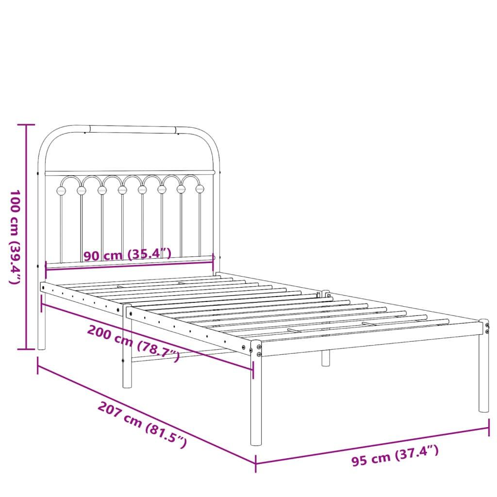 Bed frame with headboard metal black 90x200 cm