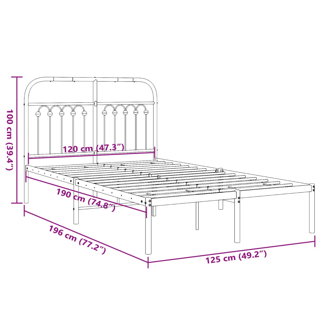 Bed frame with headboard metal black 120x190 cm