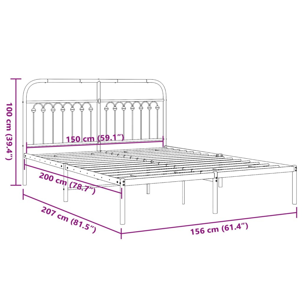 Bed frame with headboard metal black 150x200 cm