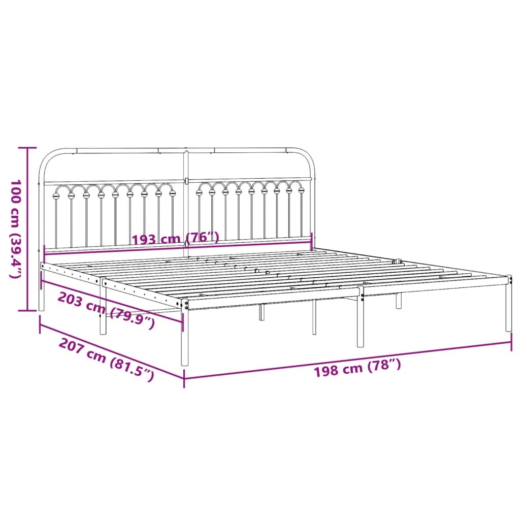 Bed frame with headboard metal black 193x203 cm