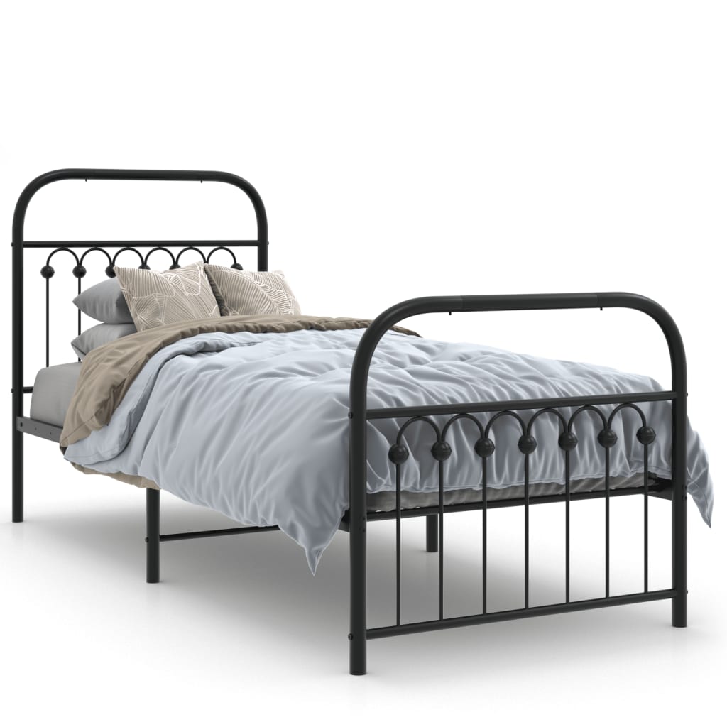 Bed frame with head and footboard metal black 75x190 cm